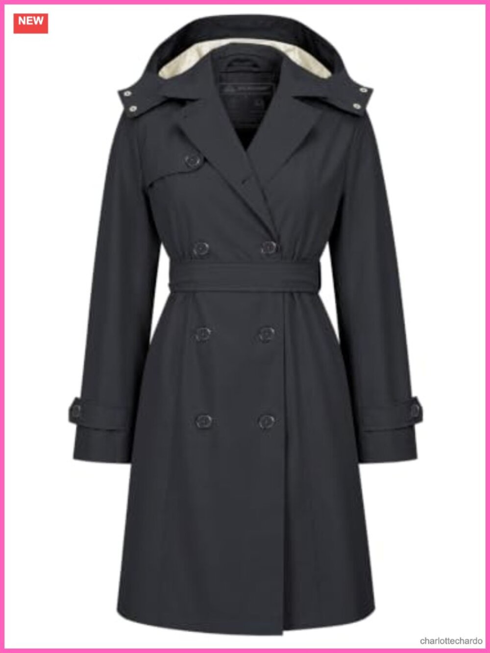 Women's Double Breasted Trench Coat Water Repellent with Detachable Hood